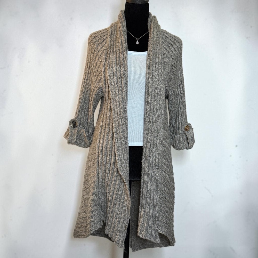 BCBGMAXAZRIA Grey Ribbed Long Cardigan Crochet Back Lace Shawl Collar XL